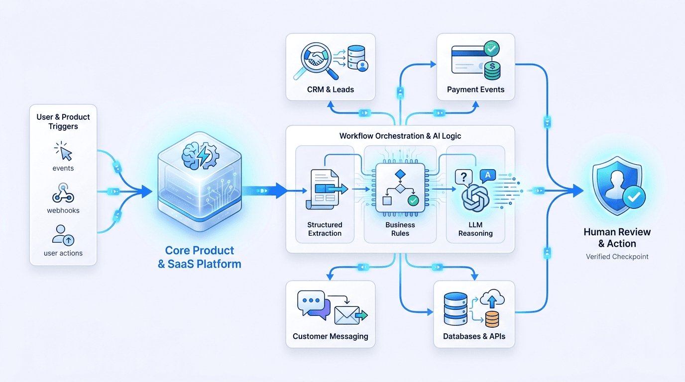 AI automations — workflows connecting users, data, APIs, and business systems