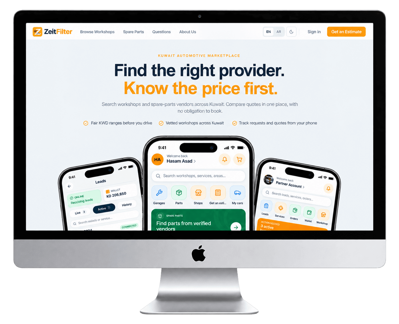 ZeitFilter automotive service marketplace dashboard with bookings, repairs, calendar, and map